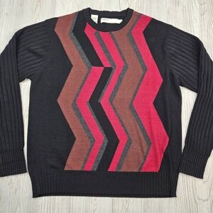 Perry Ellis Mens Sweater Size L Geometric Black‎ Brown Red Crew Neck